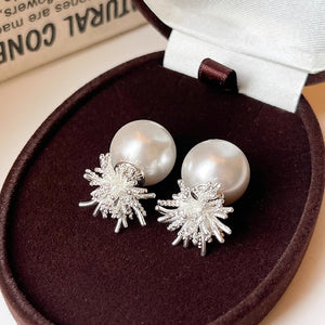 Light Luxury Floral Firework Faux Pearl Rhinestone Drop Earrings With Silver Needle For Women