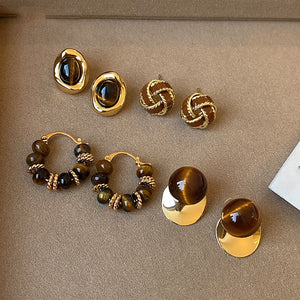 Maillard Style Copper Oval Hoop Earrings With Tiger Eye Beads For Retro Daily Wear
