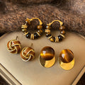 Maillard Style Copper Oval Hoop Earrings With Tiger Eye Beads For Retro Daily Wear view 3
