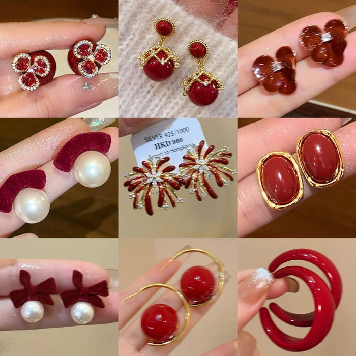 Light Luxury Red Enamel Faux Pearl Round Geometric Stud Earrings With Silver Pins For Women