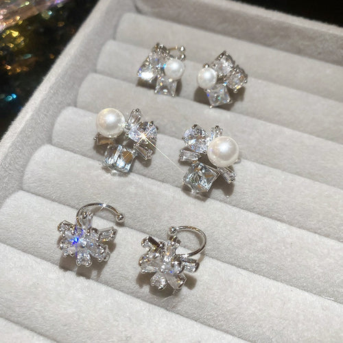 Minimalist Zircon Flower Faux Pearl Clip-on Earrings No Piercing Light Luxury OL Ear Cuffs