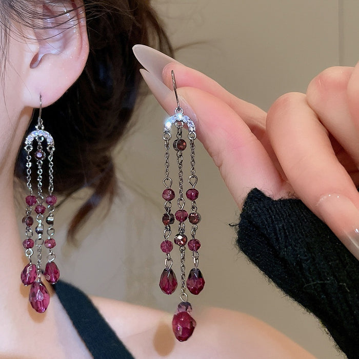 Light Luxury Geometric Crystal Tassel Drop Earrings For Women Vintage Rhinestone Ear Hooks