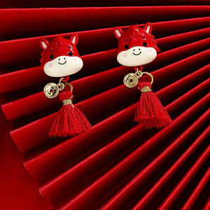 Chinese Style Alloy Horse Tassel Drop Earrings With Enamel Coin Charm And Silver Pin