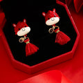 Chinese Style Alloy Horse Tassel Drop Earrings With Enamel Coin Charm And Silver Pin view 3