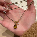 Gold Plated Zircon Tiger Eye Stone Necklace, Maillard Retro Round Geometric Choker for Women view 1