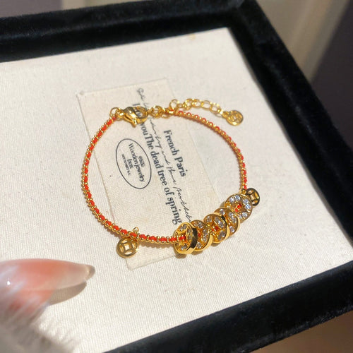 Real Gold Plated Copper Coin Braided Cord Bangle New Chinese Vintage Geometric Jewelry For Women