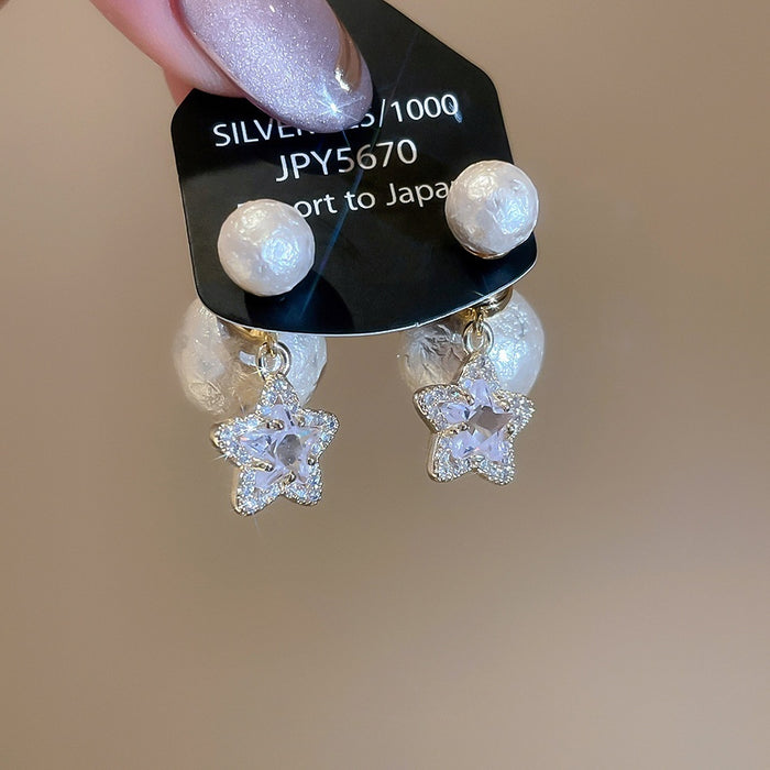 Gold Plated Silver Needle Zircon Star Faux Pearl Drop Earrings Elegant Daily Jewelry