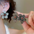 Vintage Alloy Floral Rhinestone Stud Earrings With Silver Pins Light Luxury Designer Style view 2