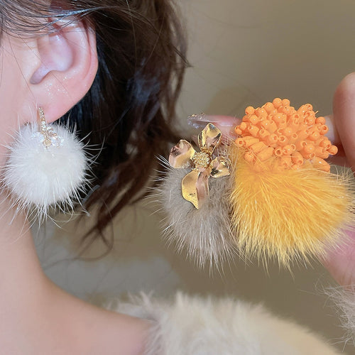 Elegant Floral Plush Pom Pom Drop Earrings With Silver Needle Studs For Women