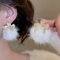 Plush Pom Pom Zircon Flower Drop Earrings For Women, Geometric Round OL Style Winter Jewelry view 4
