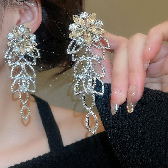 Copper Rhinestone Flower Hollow Tassel Drop Earrings, Statement Luxury Style