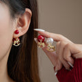 Elegant Alloy Rocking Horse Charm Stud With Red Enamel Bead Faux Pearl Rhinestone Accent Earrings view 1