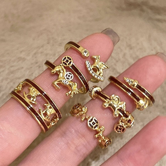 Gold Plated Copper Enamel Hollow Horse Open Ring, Minimalist Geometric Circle Ring For Women