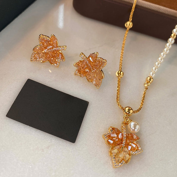 Gold Plated Faux Pearl Zircon Ginkgo Leaf Earrings Necklace Jewelry Set Light Luxury