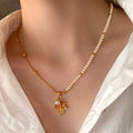 Gold Plated Faux Pearl Zircon Ginkgo Leaf Earrings Necklace Jewelry Set Light Luxury view 4