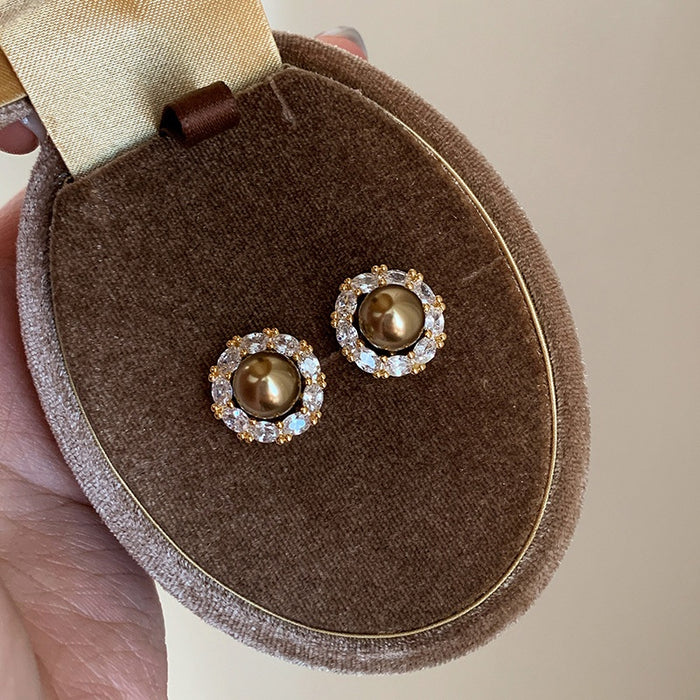 French Vintage Round Faux Pearl Zircon Stud Earrings For Women, Light Luxury Geometric Daily Style