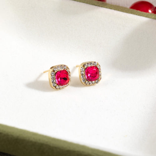 Luxury Square Red Crystal Zircon Micro Pave Rhinestone Studs Korean Fashion Silver Needle Earrings