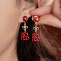 Chinese Style Resin Enamel Fu Character Pendant Drop Earrings With Silver Needles For Women view 3