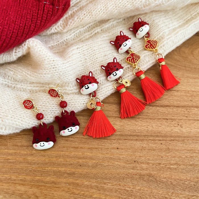Chinese Style Alloy Horse Tassel Drop Earrings With Flocked Enamel Pony Design