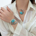 Light Luxury Oval Resin And Iron Stud Earrings Bracelet Choker Jewelry Set For Women view 4