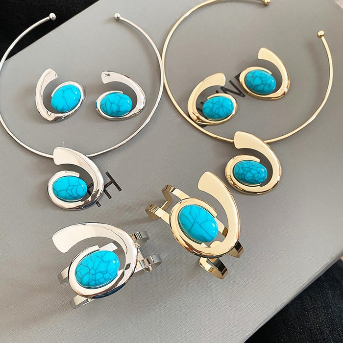 Light Luxury Oval Resin And Iron Stud Earrings Bracelet Choker Jewelry Set For Women
