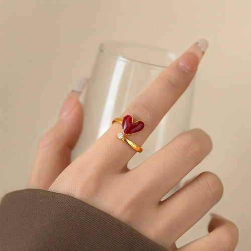 18K Gold Plated Zircon Enamel Heart Open Ring For Women