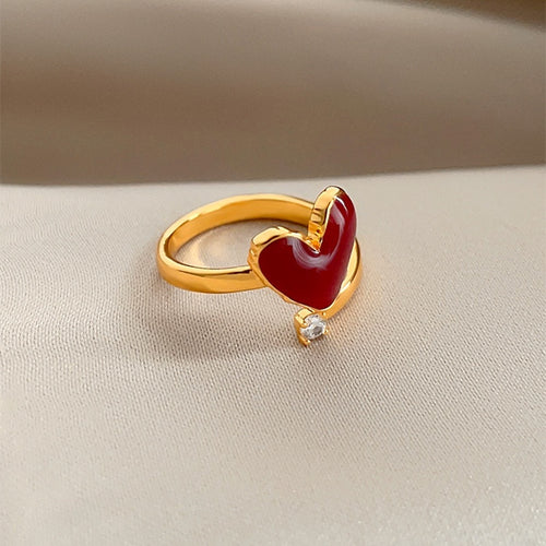 18K Gold Plated Zircon Enamel Heart Open Ring For Women