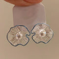 Faux Pearl Hollow Flower Stud Earrings With Silver Pins, Elegant Light Luxury Geometric Round Style view 1