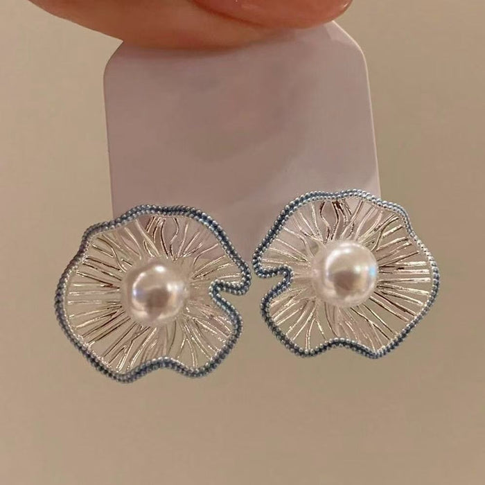 Faux Pearl Hollow Flower Stud Earrings With Silver Pins, Elegant Light Luxury Geometric Round Style