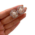 Faux Pearl Hollow Flower Stud Earrings With Silver Pins, Elegant Light Luxury Geometric Round Style view 5