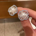 Faux Pearl Hollow Flower Stud Earrings With Silver Pins, Elegant Light Luxury Geometric Round Style view 3