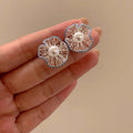Faux Pearl Hollow Flower Stud Earrings With Silver Pins, Elegant Light Luxury Geometric Round Style view 4