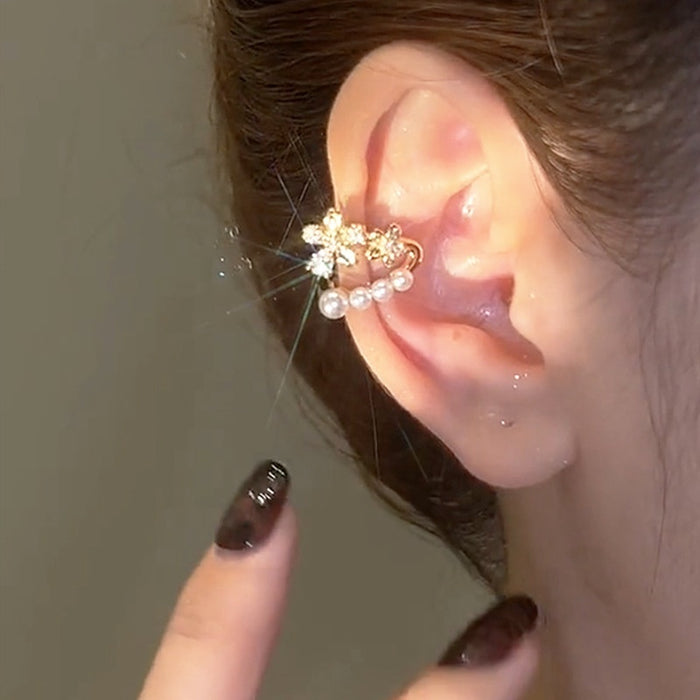 Gold Plated Zircon Double Layer Faux Pearl Tassel Clip-on Earrings French Vintage Geometric Style