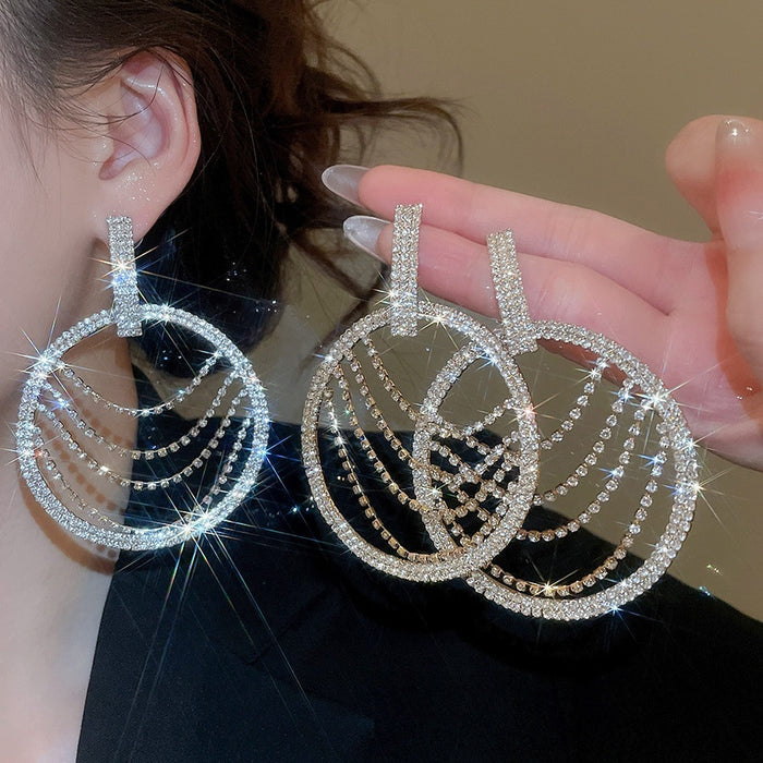 Iron Rhinestone Circle Tassel Drop Earrings Geometric Statement Stud Earrings For Women