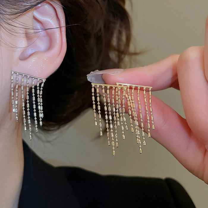 Minimalist Copper Geometric Metal Tassel Drop Earrings For Women Light Luxury Stud Style
