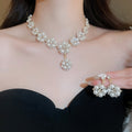 French Old Money Faux Pearl Rhinestone Flower Jewelry Set With Stud Earrings And Necklace view 1