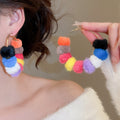 Copper Round Fur Ball Hoop Earrings With Silver Needle Posts Light Luxury Winter Geometric Style view 1