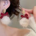 Plush Heart Pom Ball Stud Earrings With Silver Needle Posts, Light Luxury Winter Geometric Style view 4