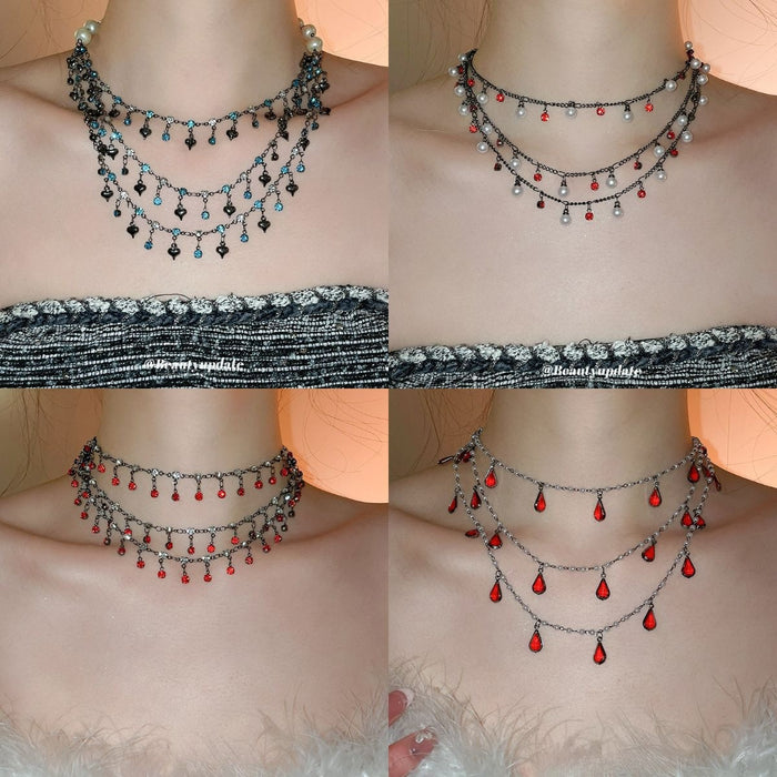 Light Luxury Faux Pearl Rhinestone Heart Necklace For Women Sweet Cool Clavicle Choker