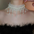 Light Luxury Faux Pearl Mesh Tassel Choker Necklace, Vintage Geometric Collarbone Chain view 3