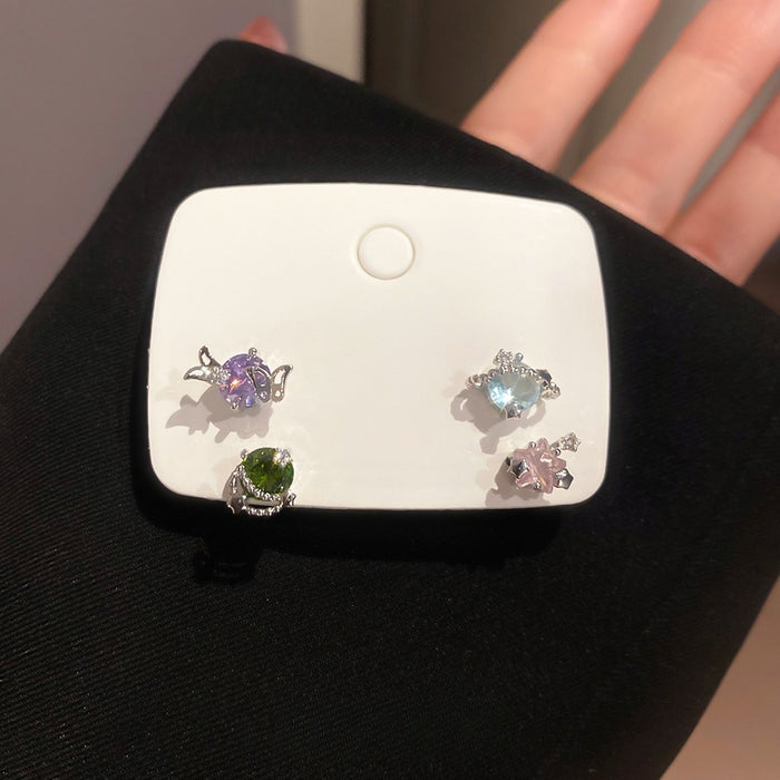 Korean Style Copper Zircon Star Moon Stud Earrings Jewelry Set, Light Luxury Geometric Round Design