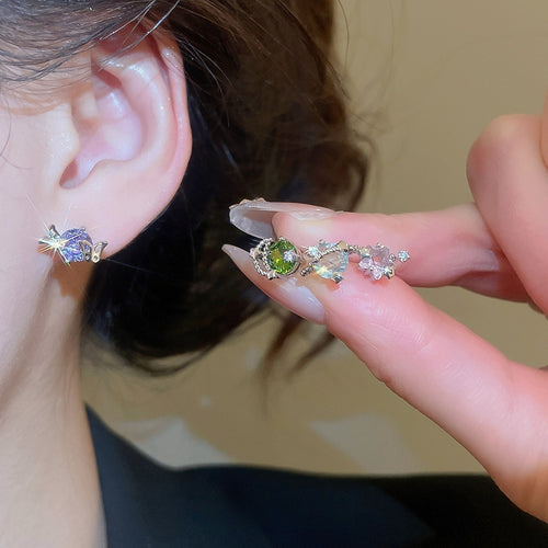 Korean Style Copper Zircon Star Moon Stud Earrings Jewelry Set, Light Luxury Geometric Round Design