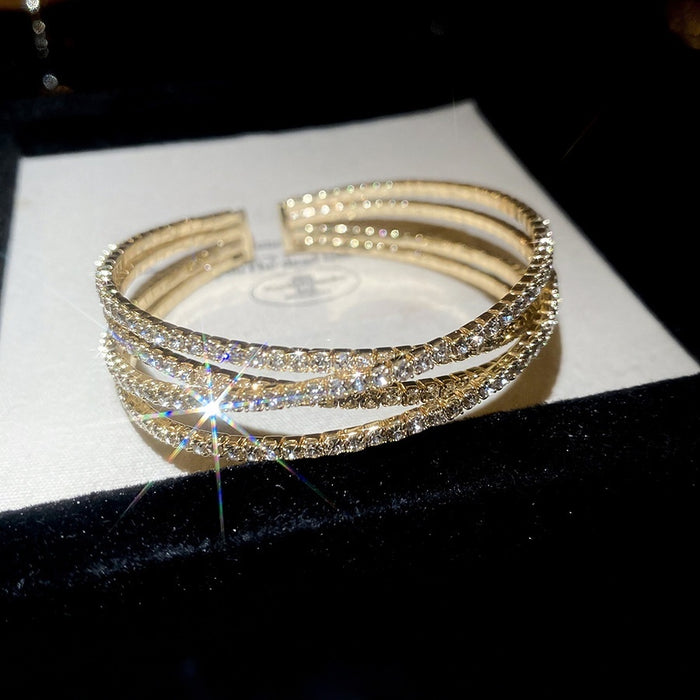 European Style Copper Rhinestone Multilayer Crossover Open Bangle For Women Daily Jewelry
