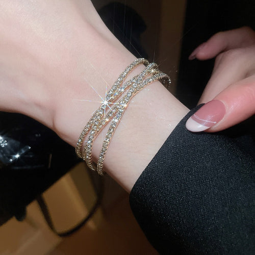 European Style Copper Rhinestone Multilayer Crossover Open Bangle For Women Daily Jewelry