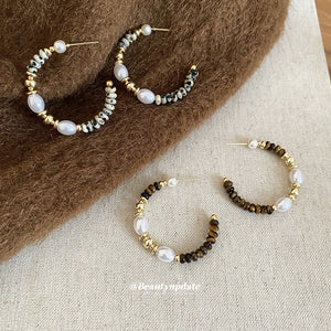 Vintage Maillard Style Faux Pearl Stone C-Shaped Stud Earrings Geometric Round Ethnic Jewelry