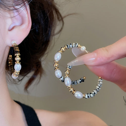 Vintage Maillard Style Faux Pearl Stone C-Shaped Stud Earrings Geometric Round Ethnic Jewelry