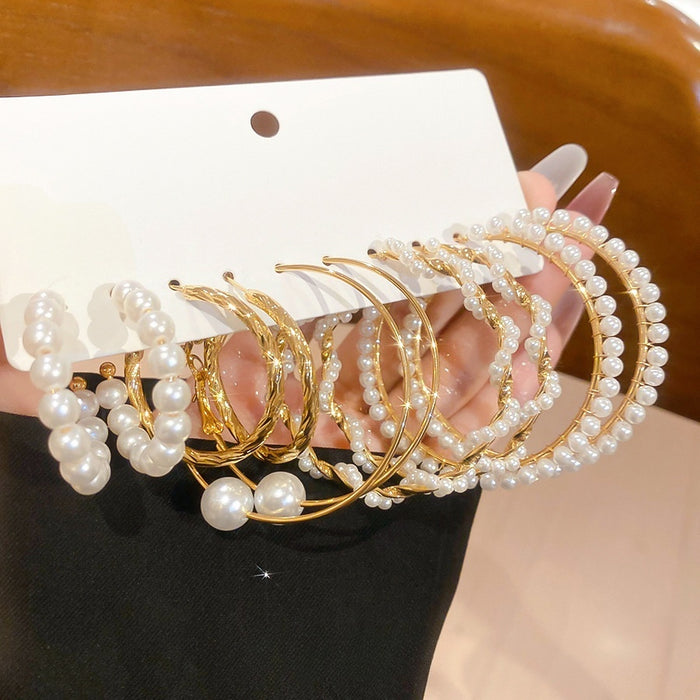 Faux Pearl Beaded Round Hoop Earrings French Vintage Geometric Lightweight Elegant Jewelry