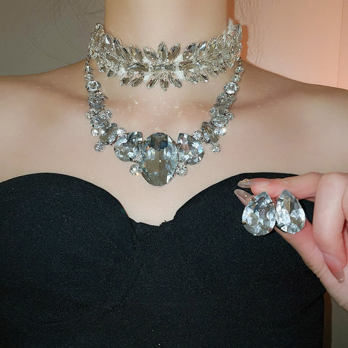 Rhinestone Teardrop Fabric Jewelry Set With Stud Earrings And Necklace For Fashion OL Women
