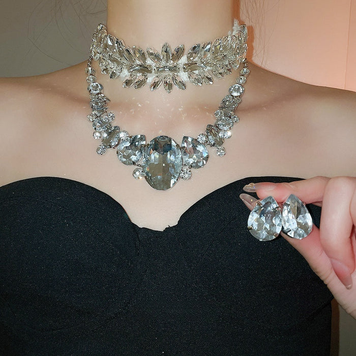 Rhinestone Teardrop Fabric Jewelry Set With Stud Earrings And Necklace For Fashion OL Women