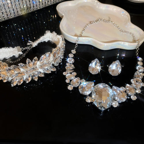Rhinestone Teardrop Fabric Jewelry Set With Stud Earrings And Necklace For Fashion OL Women